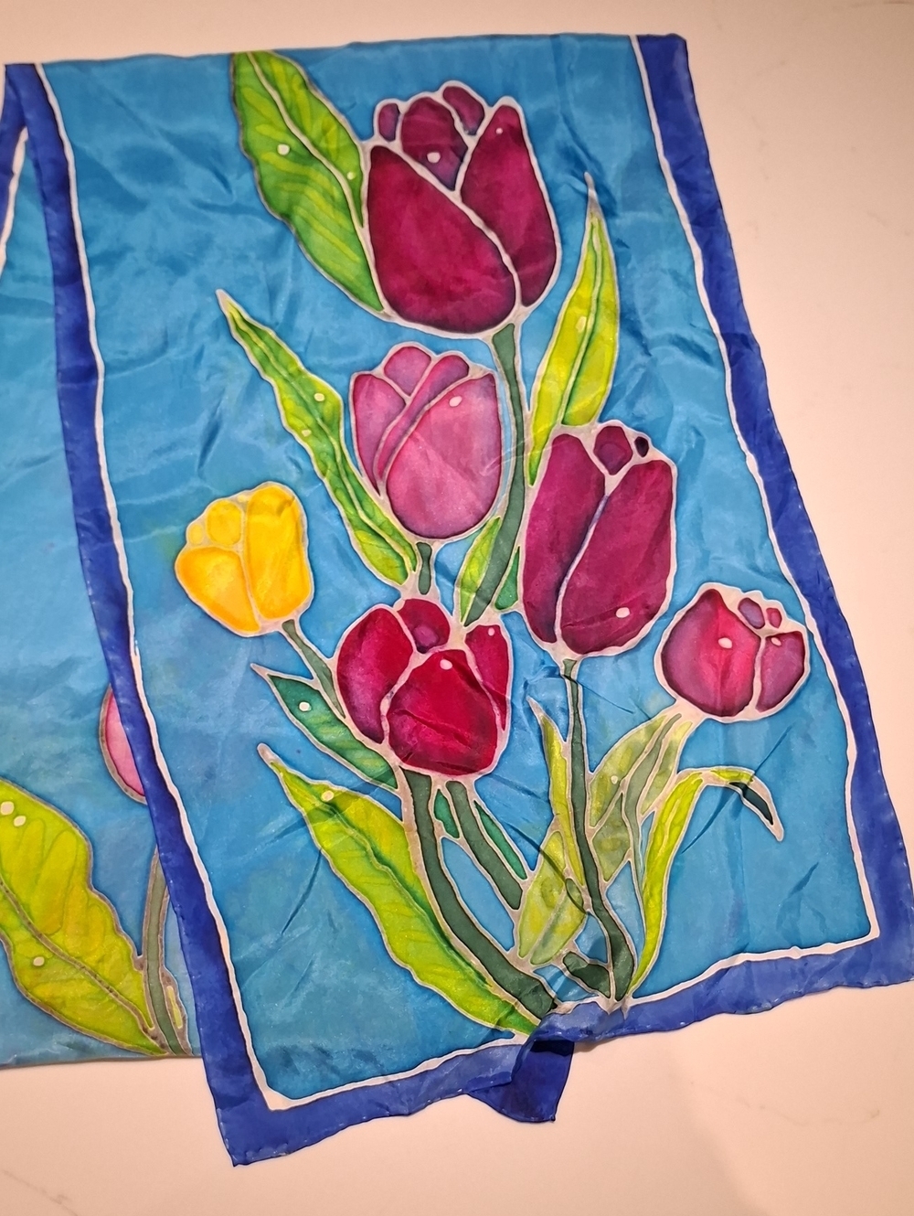 Vibrant Blue 100% Silk Neck Scarf with Stained Glass Tulip Design (14" x 56")